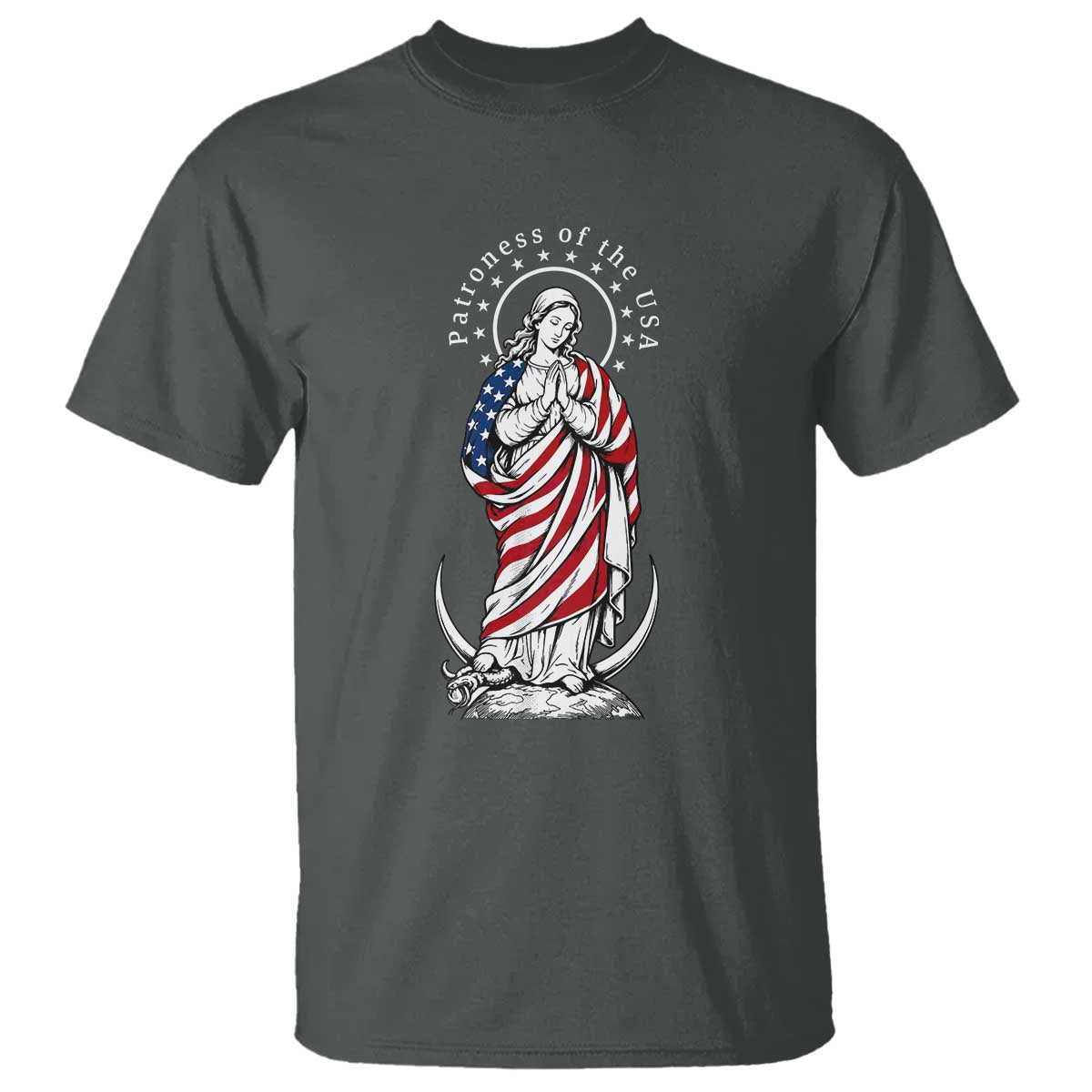 Patroness of the USA Virgin Mary Graphic T Shirt Patriotic American Flag Catholic Faith