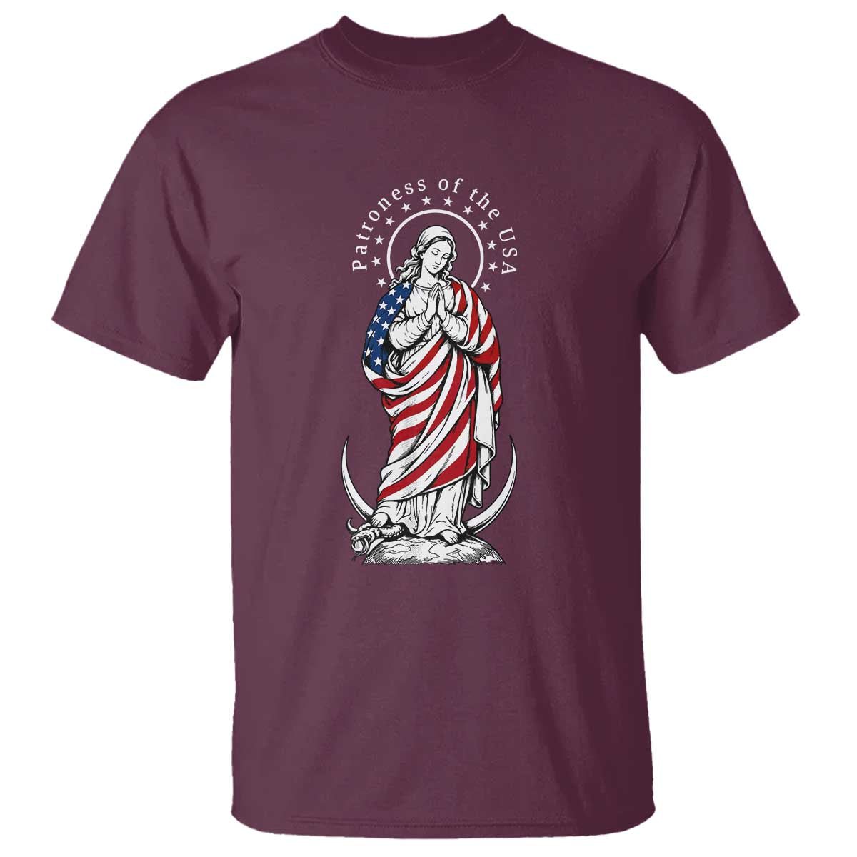 Patroness of the USA Virgin Mary Graphic T Shirt Patriotic American Flag Catholic Faith
