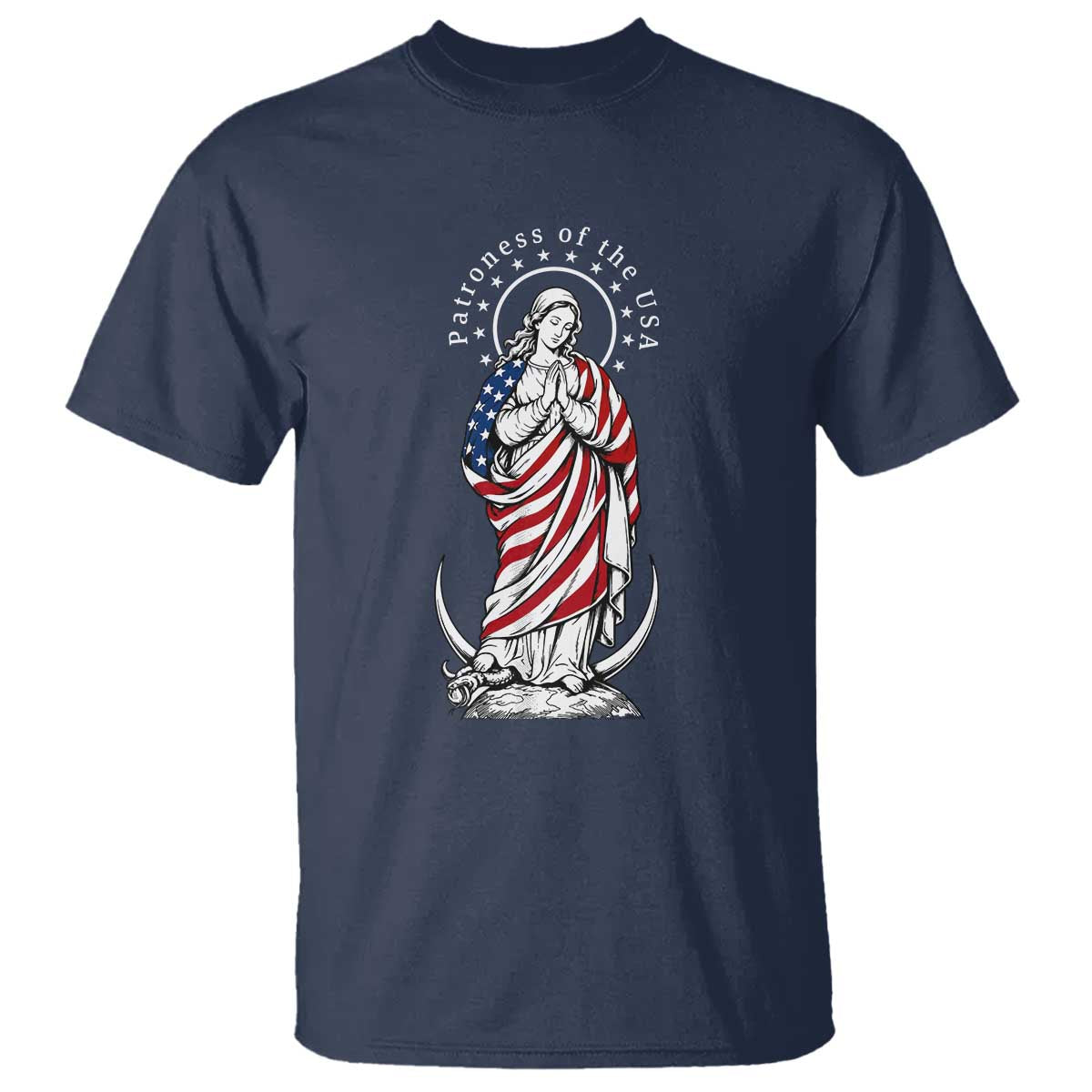 Patroness of the USA Virgin Mary Graphic T Shirt Patriotic American Flag Catholic Faith