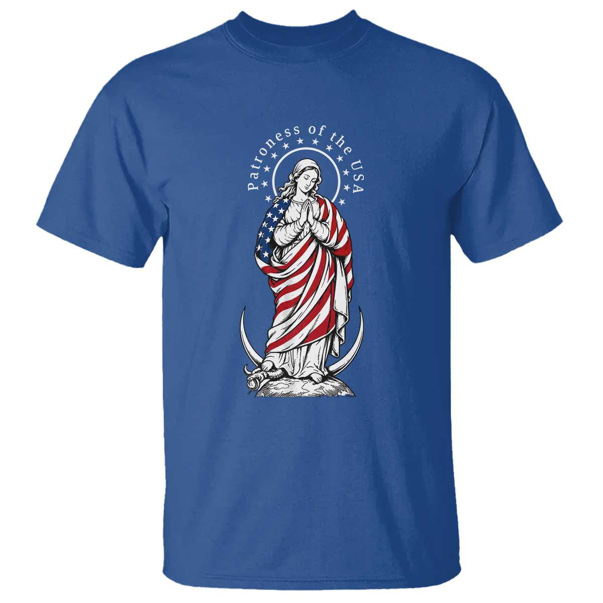 Patroness of the USA Virgin Mary Graphic T Shirt Patriotic American Flag Catholic Faith