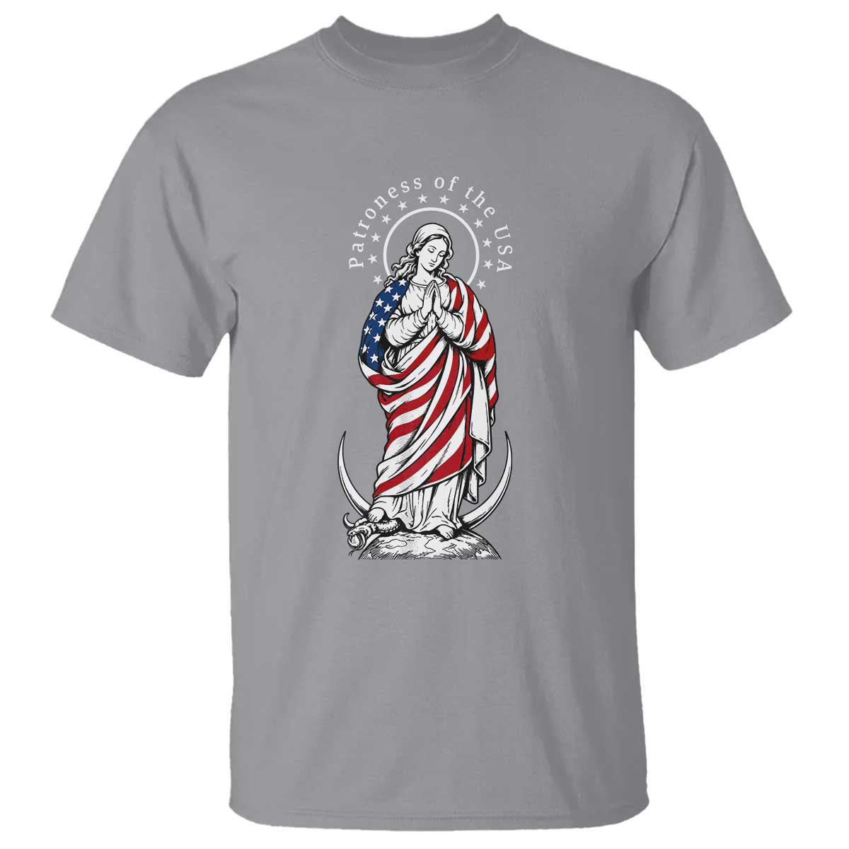 Patroness of the USA Virgin Mary Graphic T Shirt Patriotic American Flag Catholic Faith