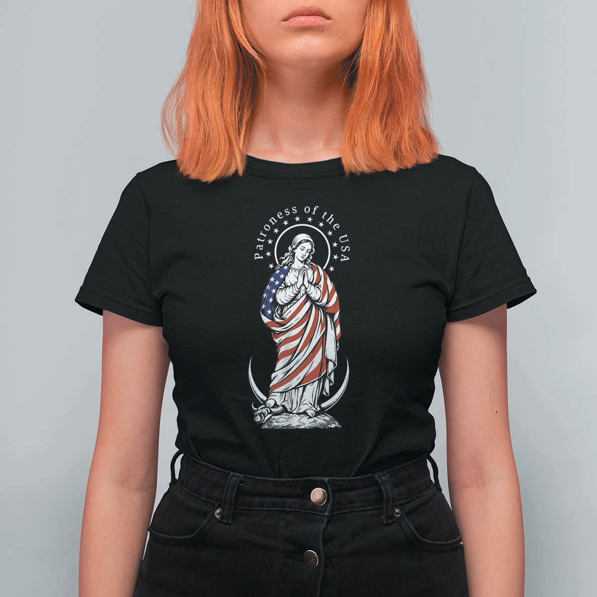 Patroness of the USA Virgin Mary Graphic T Shirt For Women Patriotic American Flag Catholic Faith
