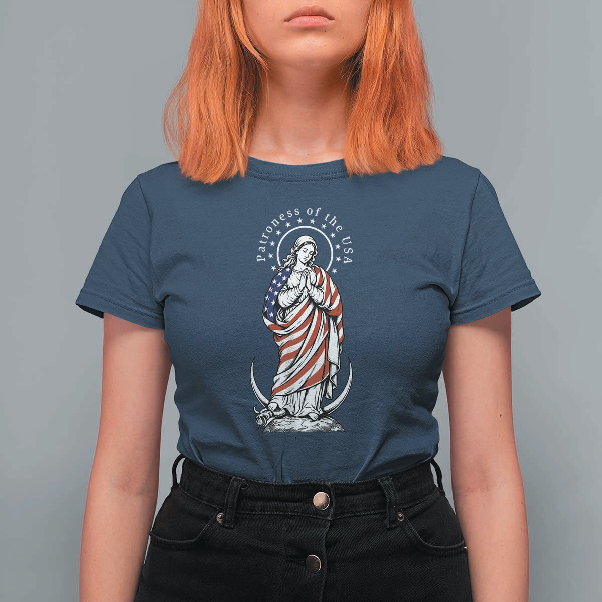 Patroness of the USA Virgin Mary Graphic T Shirt For Women Patriotic American Flag Catholic Faith
