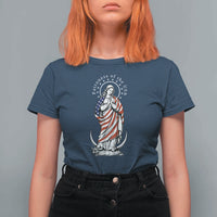 Patroness of the USA Virgin Mary Graphic T Shirt For Women Patriotic American Flag Catholic Faith