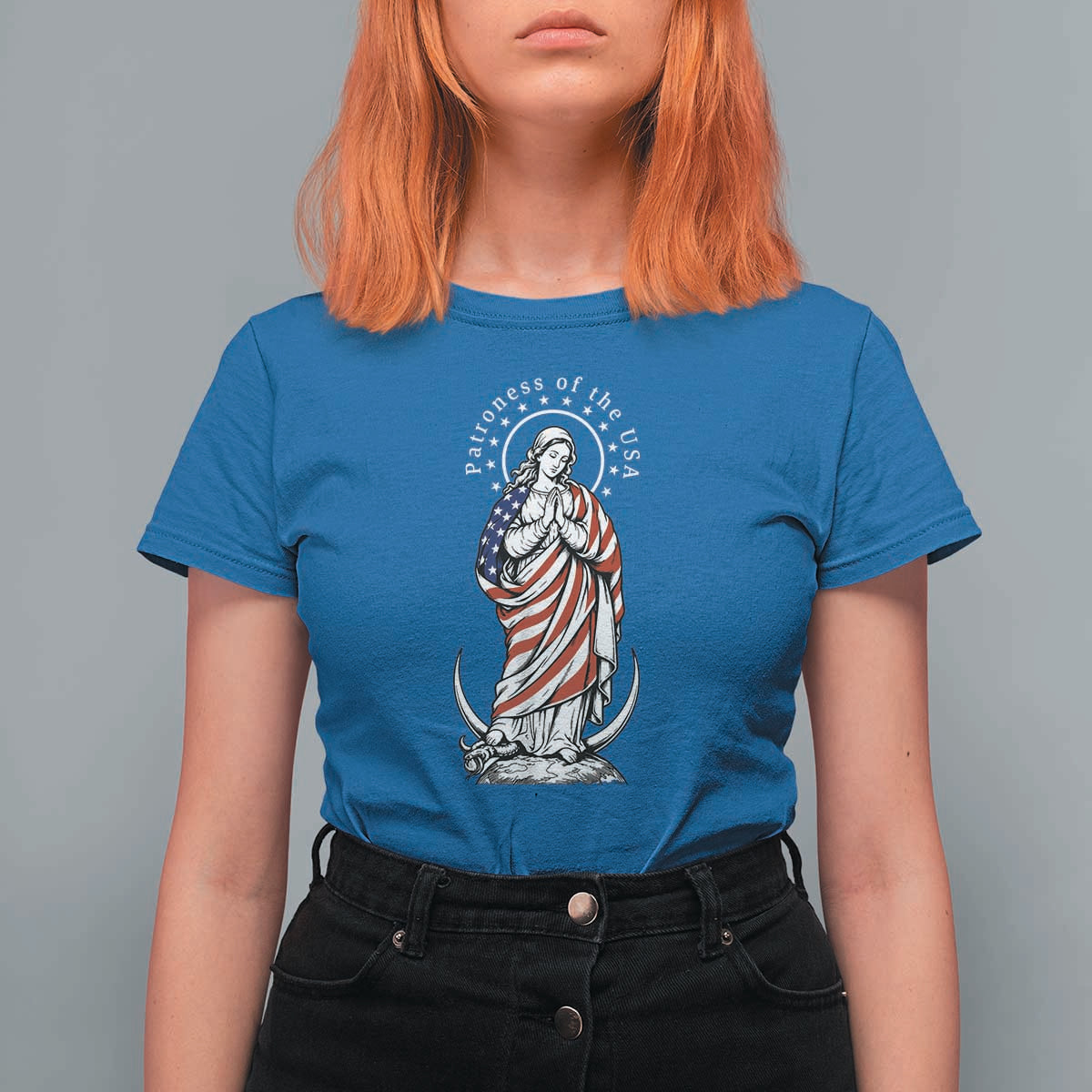 Patroness of the USA Virgin Mary Graphic T Shirt For Women Patriotic American Flag Catholic Faith