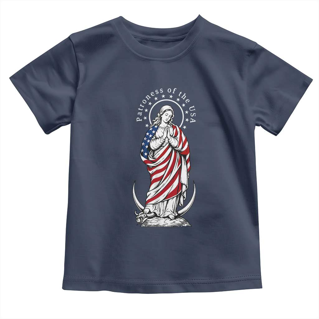 Patroness of the USA Virgin Mary Graphic Toddler T Shirt Patriotic American Flag Catholic Faith