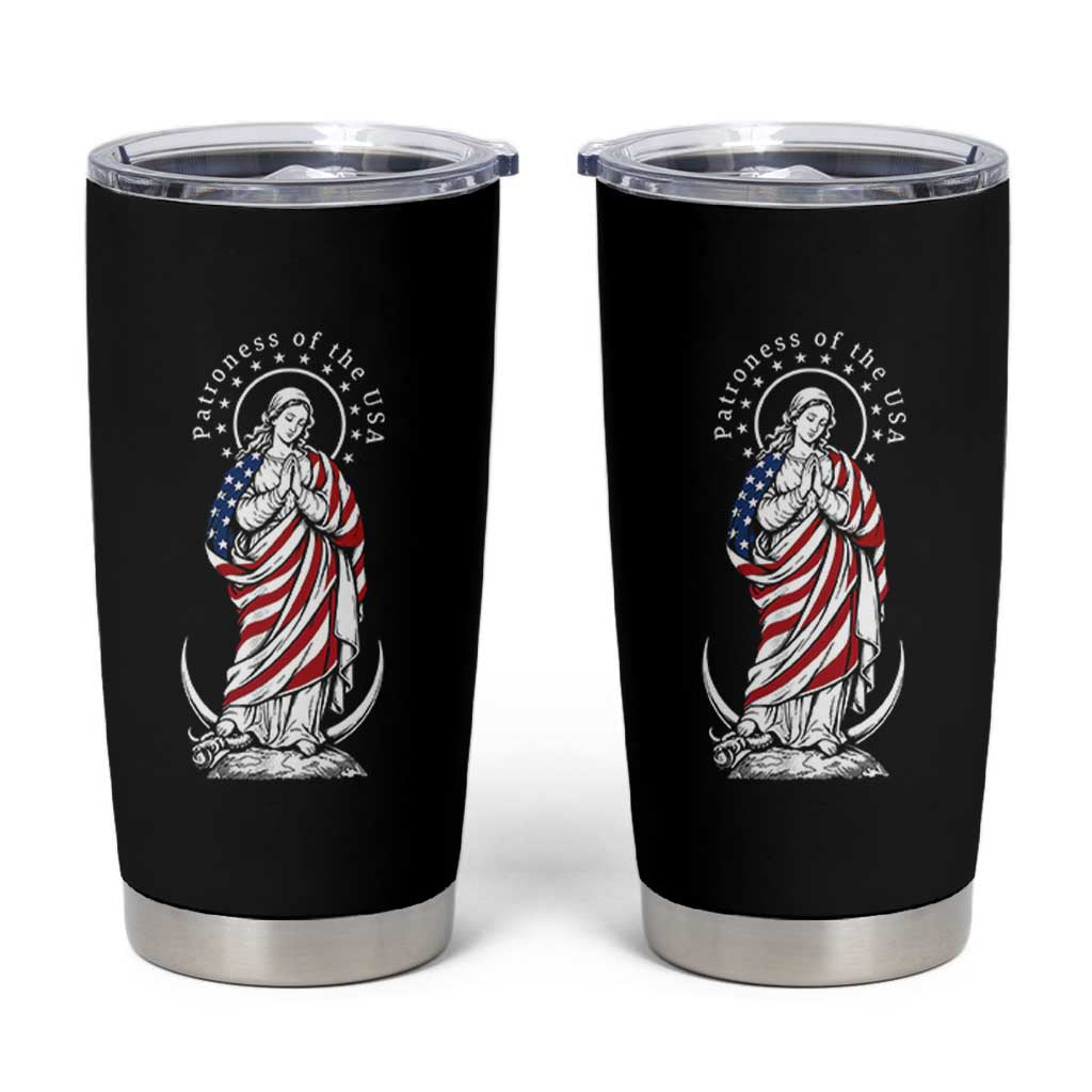 Patroness of the USA Virgin Mary Graphic Tumbler Cup Patriotic American Flag Catholic Faith