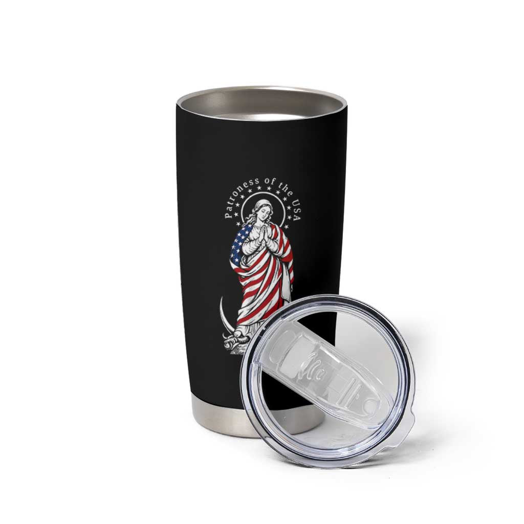 Patroness of the USA Virgin Mary Graphic Tumbler Cup Patriotic American Flag Catholic Faith