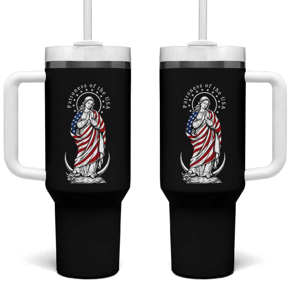 Patroness of the USA Virgin Mary Graphic Tumbler With Handle Patriotic American Flag Catholic Faith