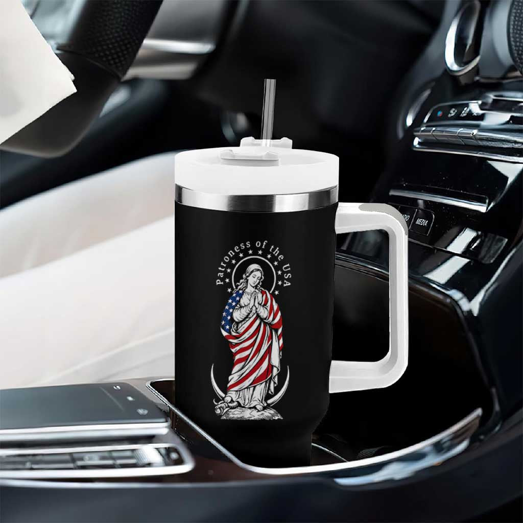 Patroness of the USA Virgin Mary Graphic Tumbler With Handle Patriotic American Flag Catholic Faith