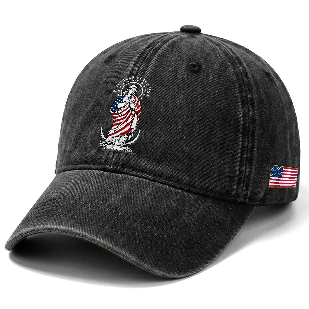 Patroness of the USA Virgin Mary Graphic Washed Cotton Baseball Cap Patriotic American Flag Catholic Faith