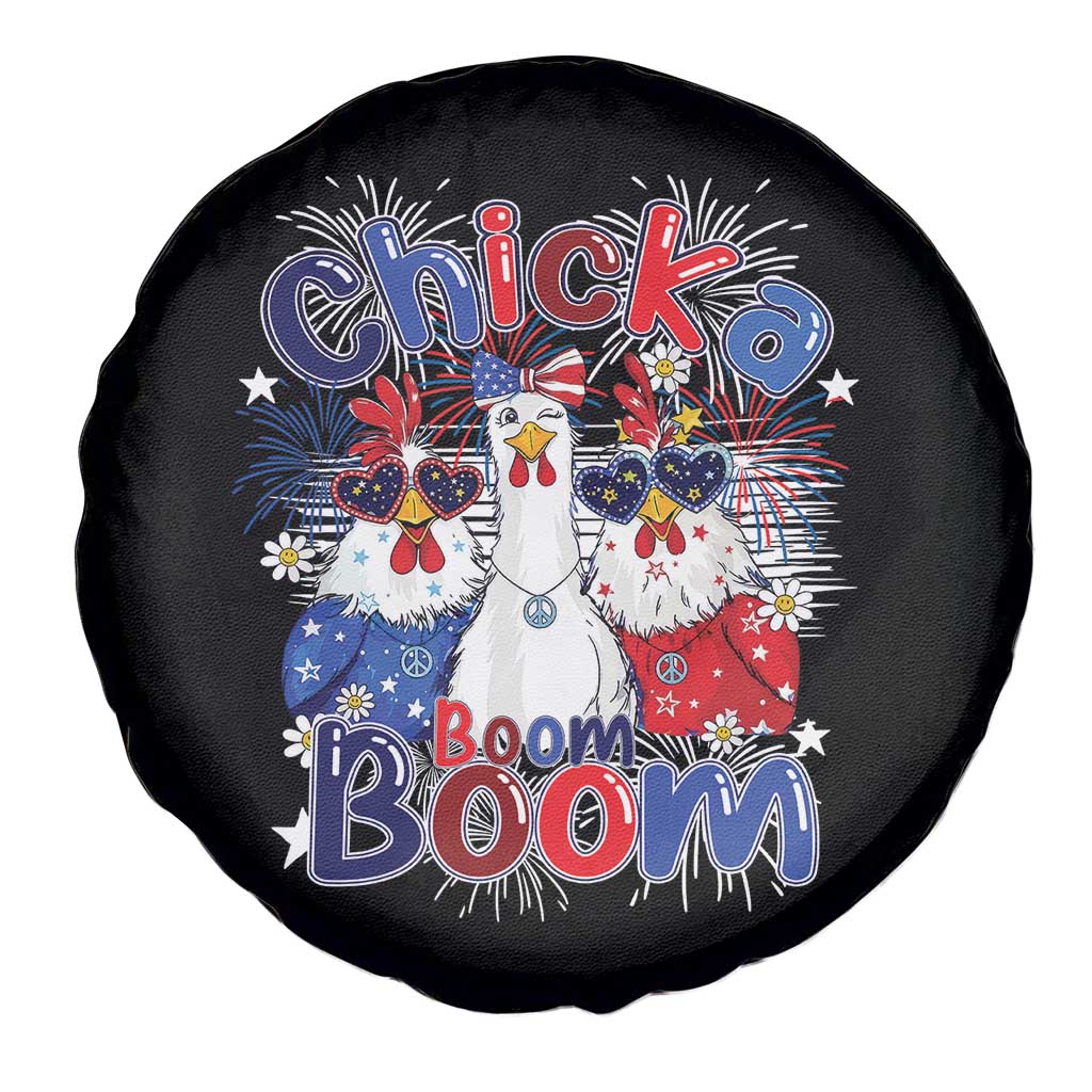 Funny Patriotic Chickens 4th of July Fireworks Spare Tire Cover Retro Chicka Boom Boom Hen Rooster Chick Graphic
