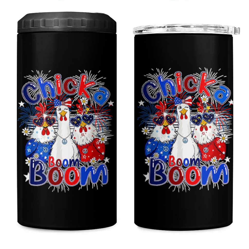 Funny Patriotic Chickens 4th of July Fireworks 4 in 1 Can Cooler Tumbler Retro Chicka Boom Boom Hen Rooster Chick Graphic