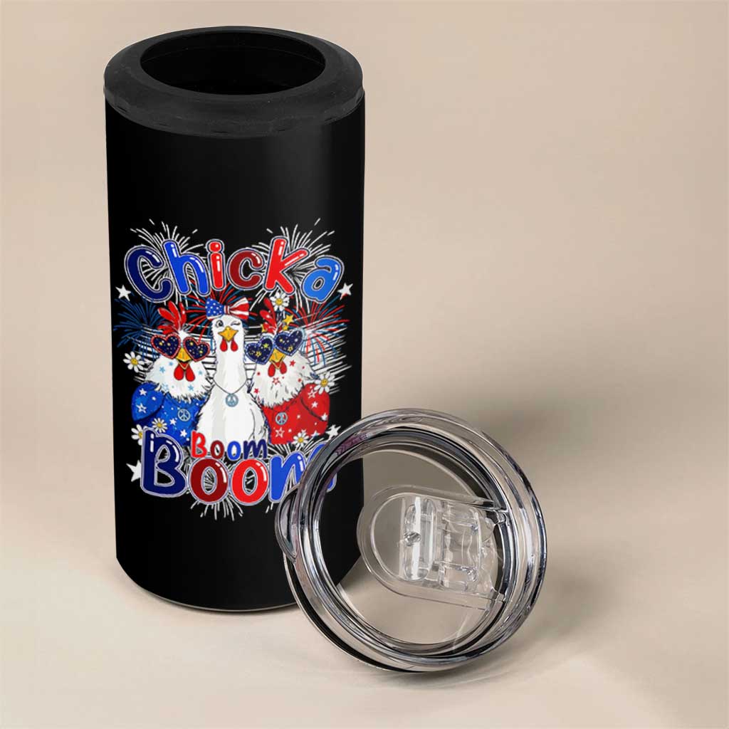 Funny Patriotic Chickens 4th of July Fireworks 4 in 1 Can Cooler Tumbler Retro Chicka Boom Boom Hen Rooster Chick Graphic