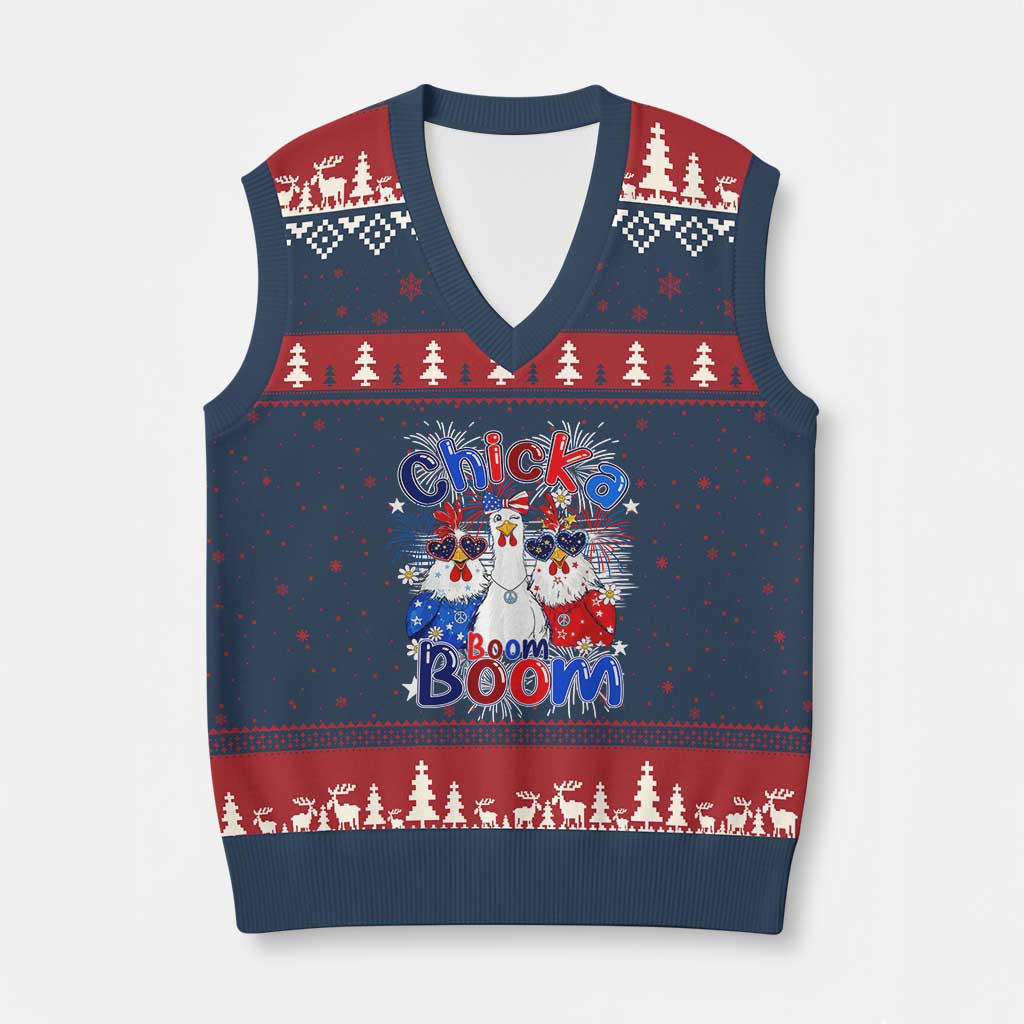 Funny Patriotic Chickens 4th of July Fireworks V-Neck Knit Sweater Vest Retro Chicka Boom Boom Hen Rooster Chick Graphic