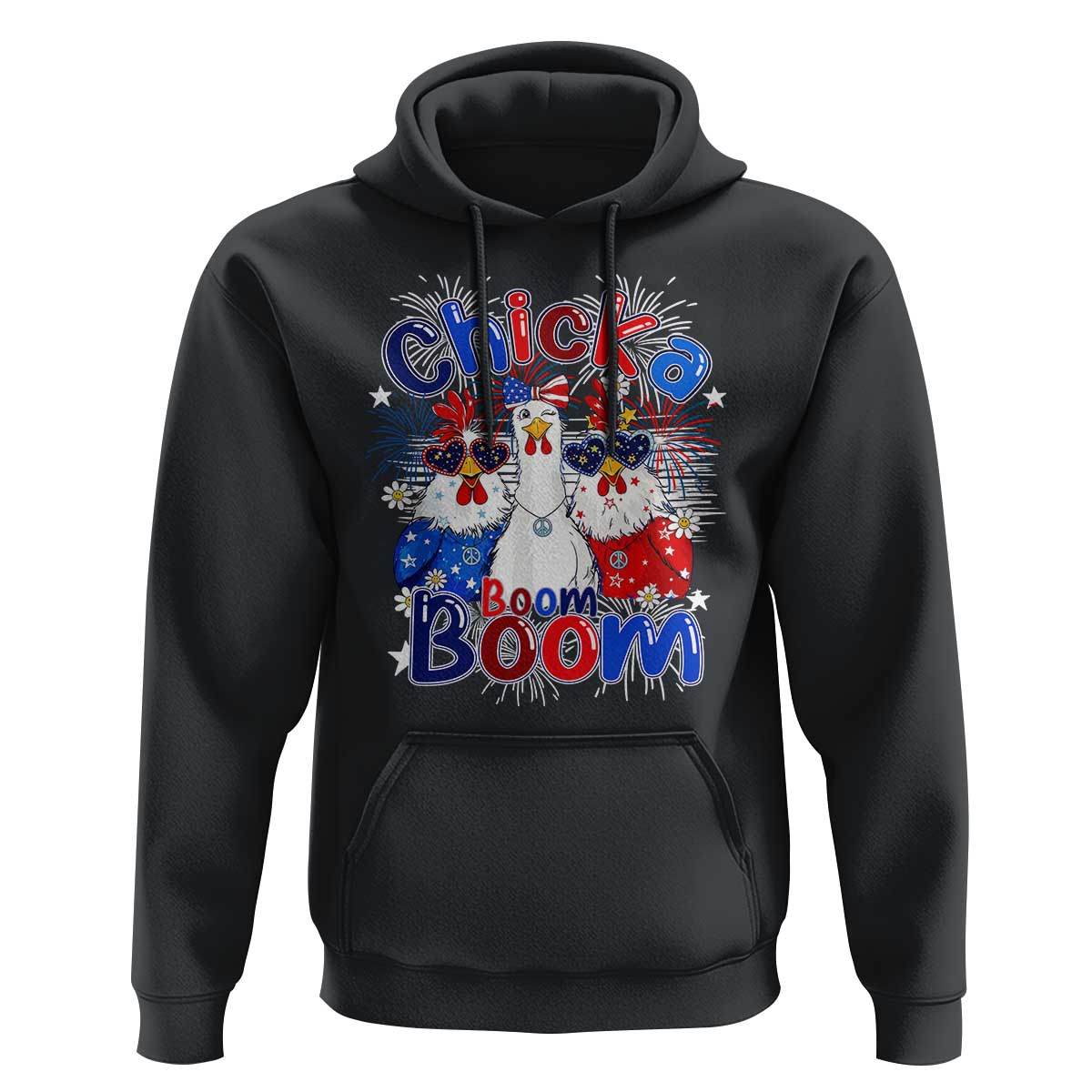 Funny Patriotic Chickens 4th of July Fireworks Hoodie Retro Chicka Boom Boom Hen Rooster Chick Graphic
