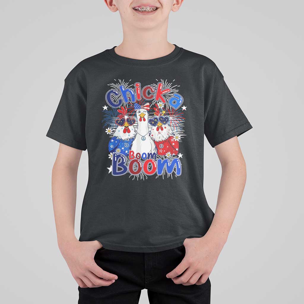 Funny Patriotic Chickens 4th of July Fireworks T Shirt For Kid Retro Chicka Boom Boom Hen Rooster Chick Graphic