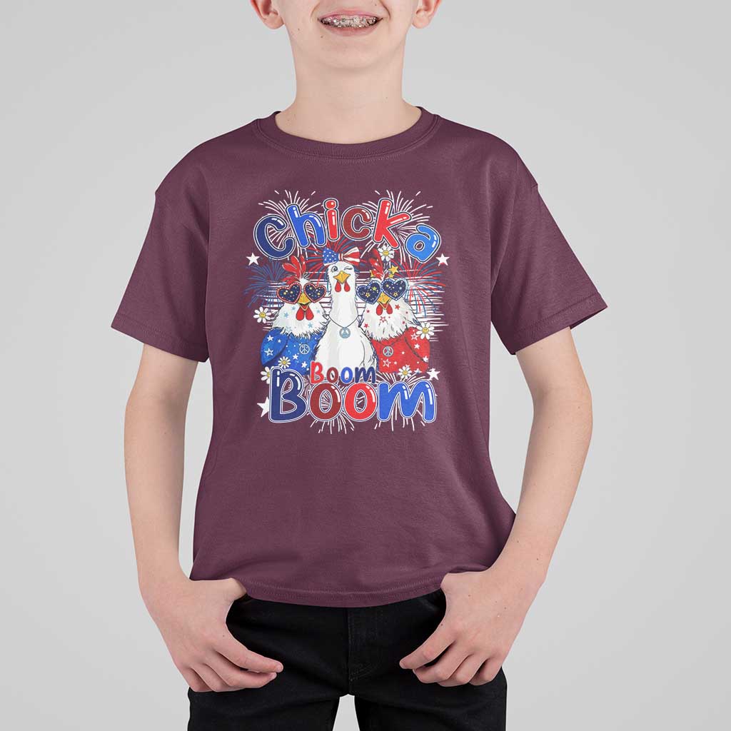 Funny Patriotic Chickens 4th of July Fireworks T Shirt For Kid Retro Chicka Boom Boom Hen Rooster Chick Graphic