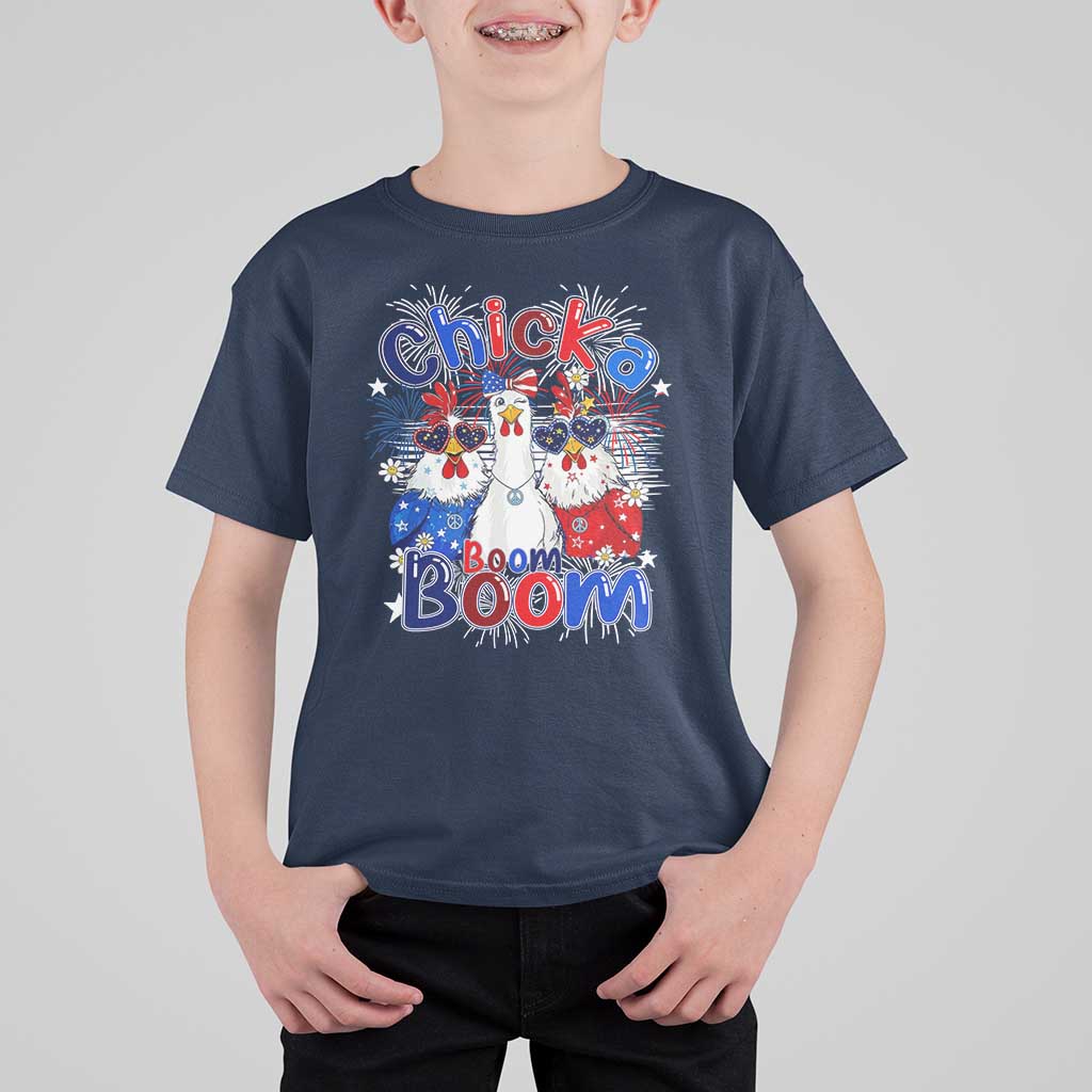 Funny Patriotic Chickens 4th of July Fireworks T Shirt For Kid Retro Chicka Boom Boom Hen Rooster Chick Graphic