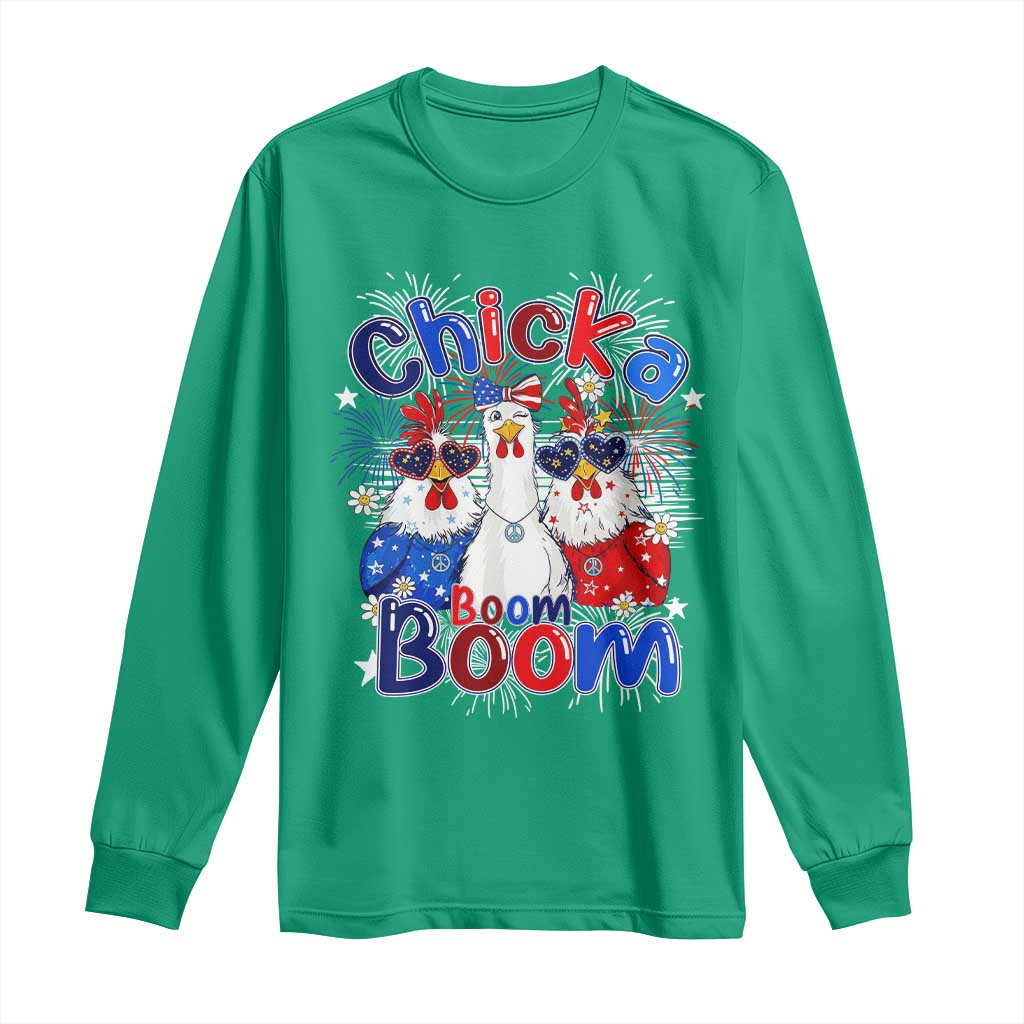 Funny Patriotic Chickens 4th of July Fireworks Long Sleeve Shirt Retro Chicka Boom Boom Hen Rooster Chick Graphic