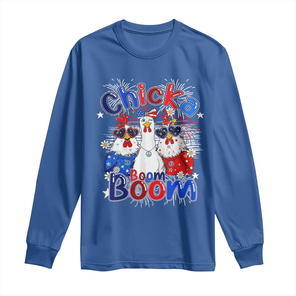 Funny Patriotic Chickens 4th of July Fireworks Long Sleeve Shirt Retro Chicka Boom Boom Hen Rooster Chick Graphic