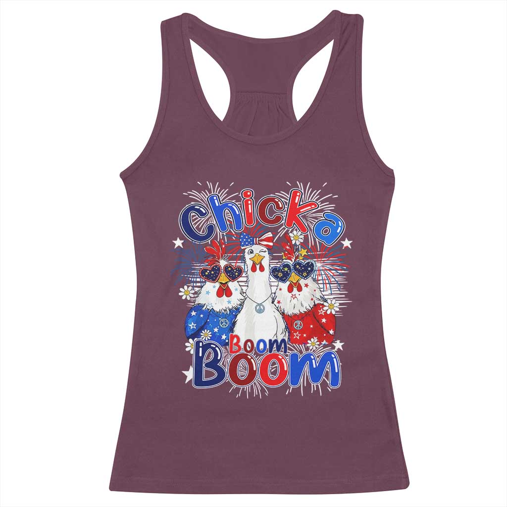 Funny Patriotic Chickens 4th of July Fireworks Racerback Tank Top Retro Chicka Boom Boom Hen Rooster Chick Graphic