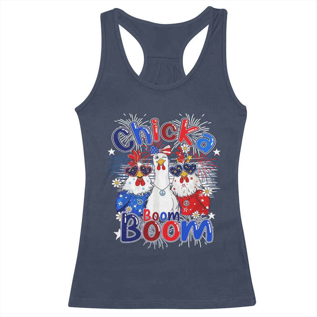 Funny Patriotic Chickens 4th of July Fireworks Racerback Tank Top Retro Chicka Boom Boom Hen Rooster Chick Graphic