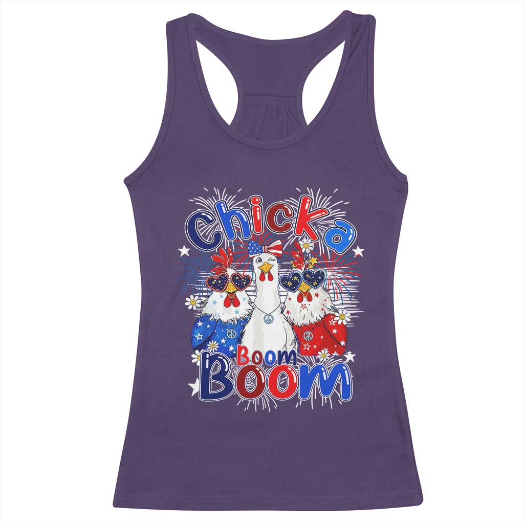 Funny Patriotic Chickens 4th of July Fireworks Racerback Tank Top Retro Chicka Boom Boom Hen Rooster Chick Graphic