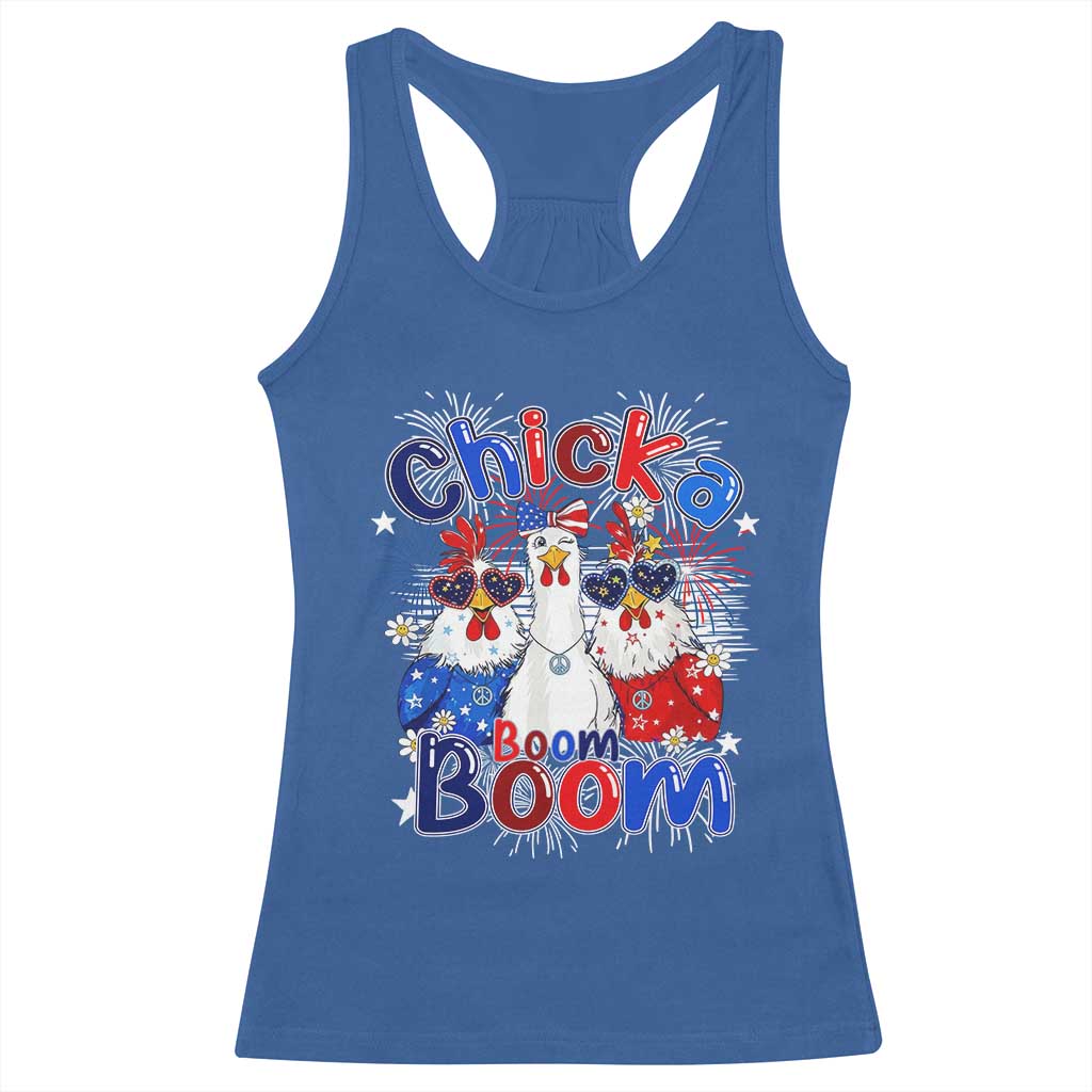 Funny Patriotic Chickens 4th of July Fireworks Racerback Tank Top Retro Chicka Boom Boom Hen Rooster Chick Graphic