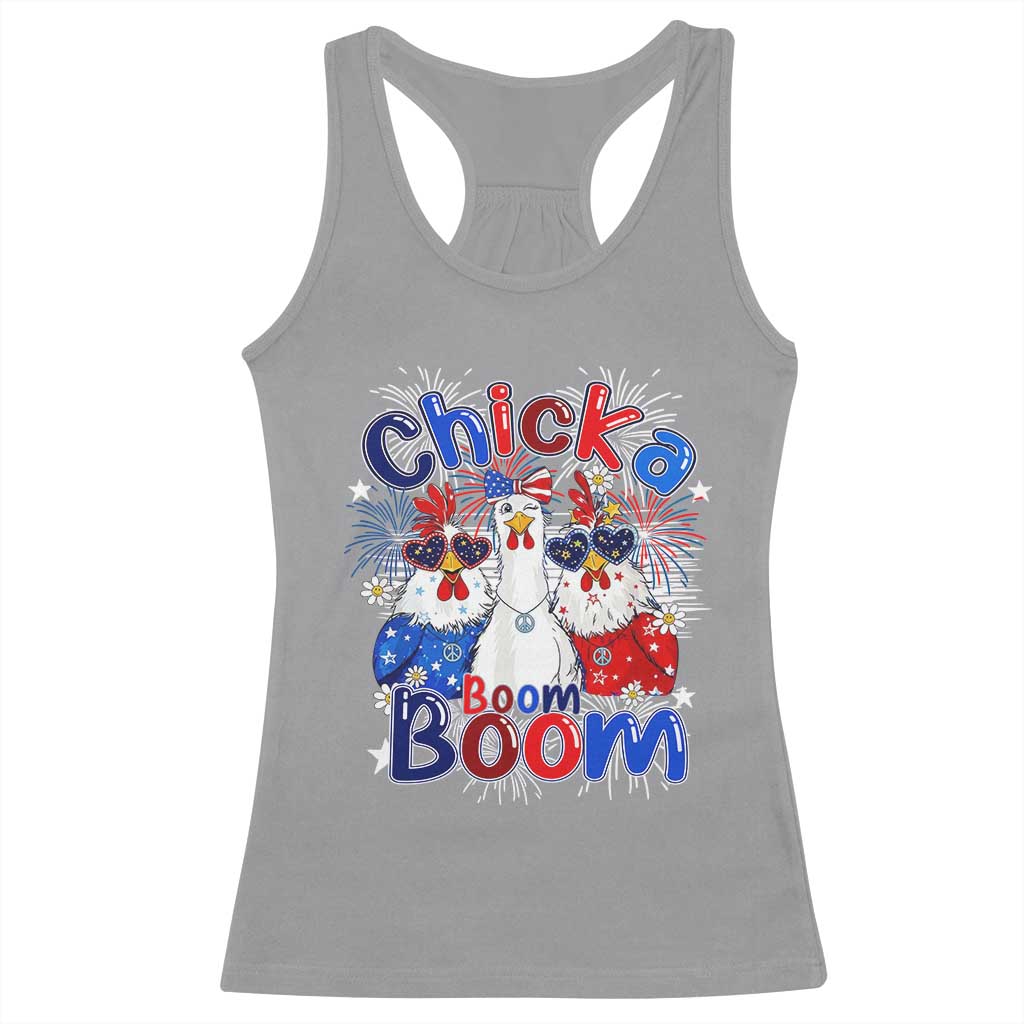 Funny Patriotic Chickens 4th of July Fireworks Racerback Tank Top Retro Chicka Boom Boom Hen Rooster Chick Graphic