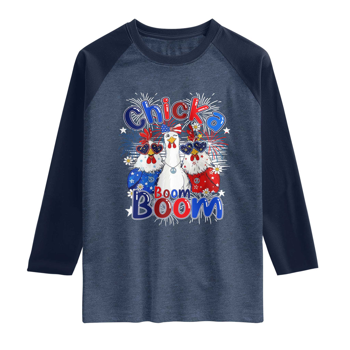 Funny Patriotic Chickens 4th of July Fireworks Raglan Shirt Retro Chicka Boom Boom Hen Rooster Chick Graphic