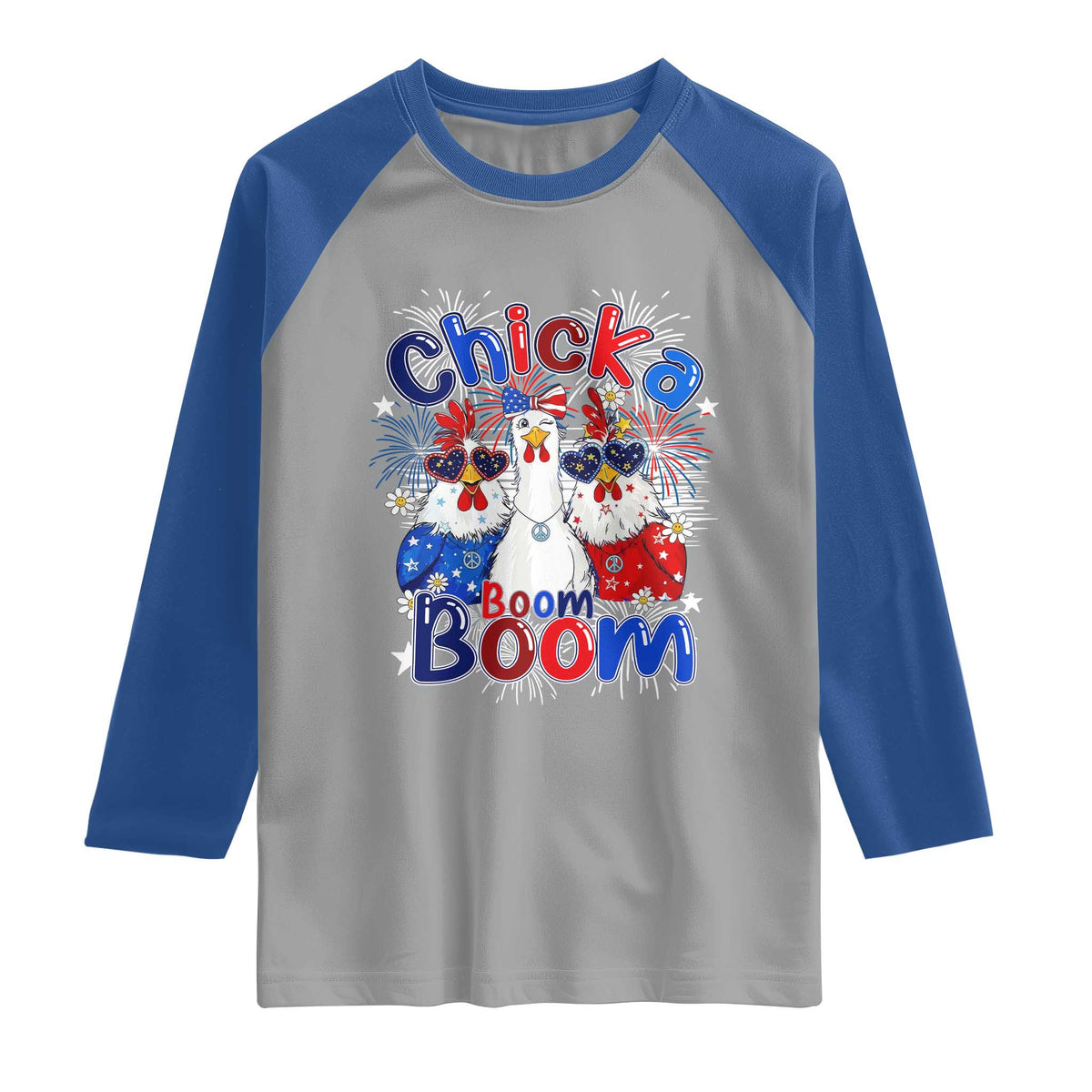 Funny Patriotic Chickens 4th of July Fireworks Raglan Shirt Retro Chicka Boom Boom Hen Rooster Chick Graphic
