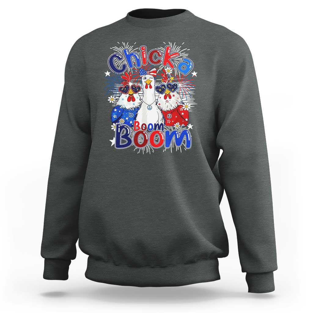 Funny Patriotic Chickens 4th of July Fireworks Sweatshirt Retro Chicka Boom Boom Hen Rooster Chick Graphic