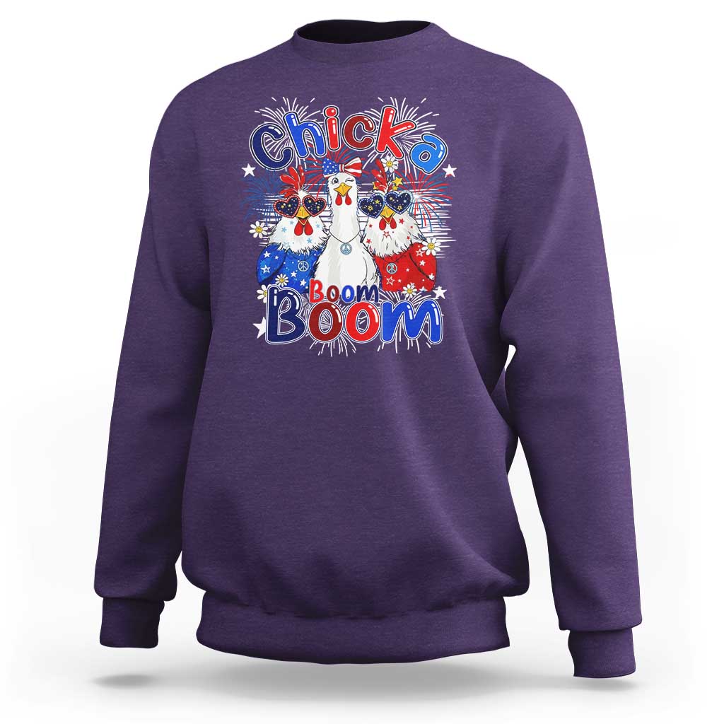 Funny Patriotic Chickens 4th of July Fireworks Sweatshirt Retro Chicka Boom Boom Hen Rooster Chick Graphic