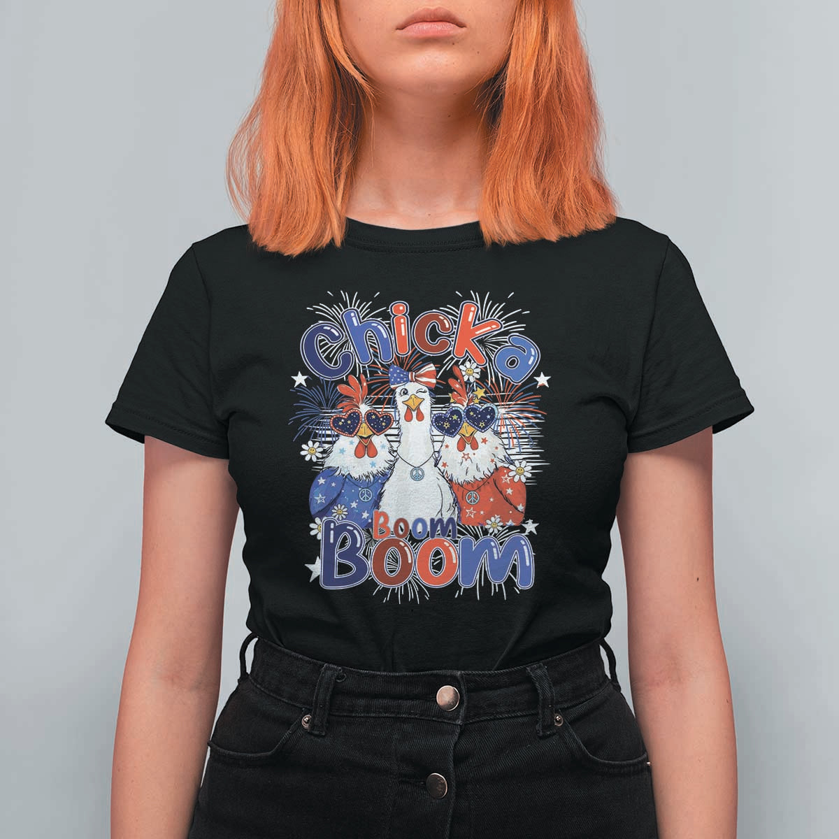 Funny Patriotic Chickens 4th of July Fireworks T Shirt For Women Retro Chicka Boom Boom Hen Rooster Chick Graphic