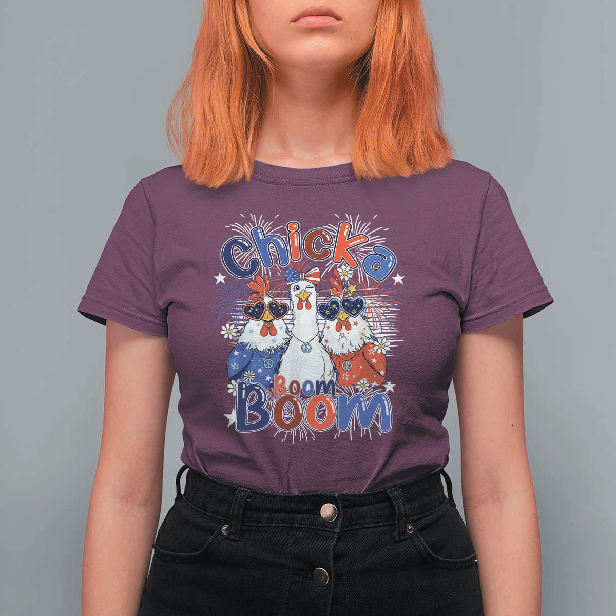 Funny Patriotic Chickens 4th of July Fireworks T Shirt For Women Retro Chicka Boom Boom Hen Rooster Chick Graphic