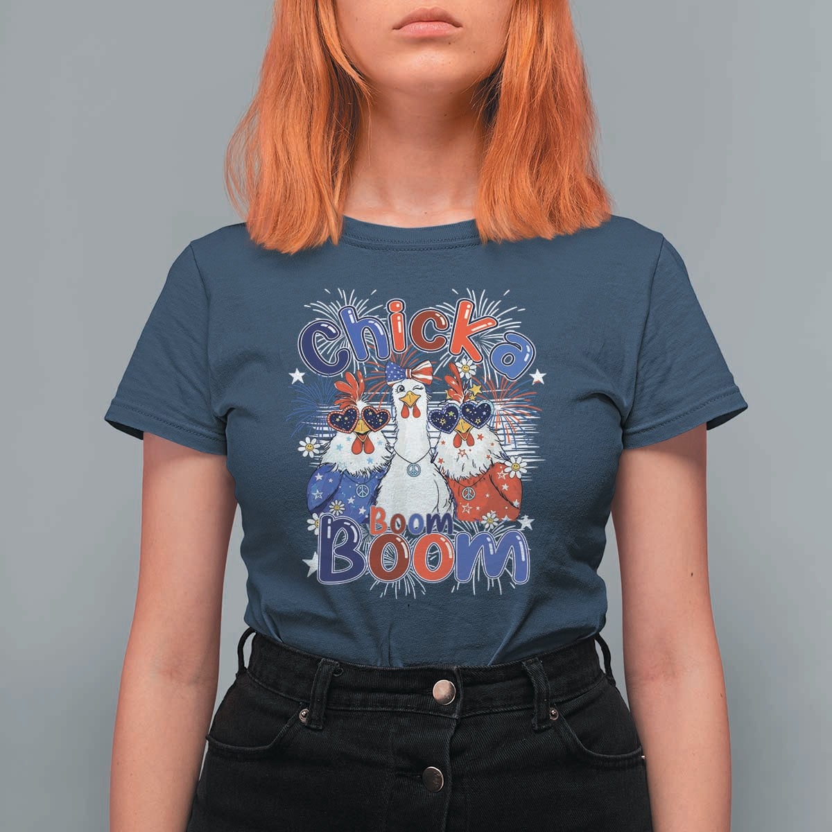 Funny Patriotic Chickens 4th of July Fireworks T Shirt For Women Retro Chicka Boom Boom Hen Rooster Chick Graphic
