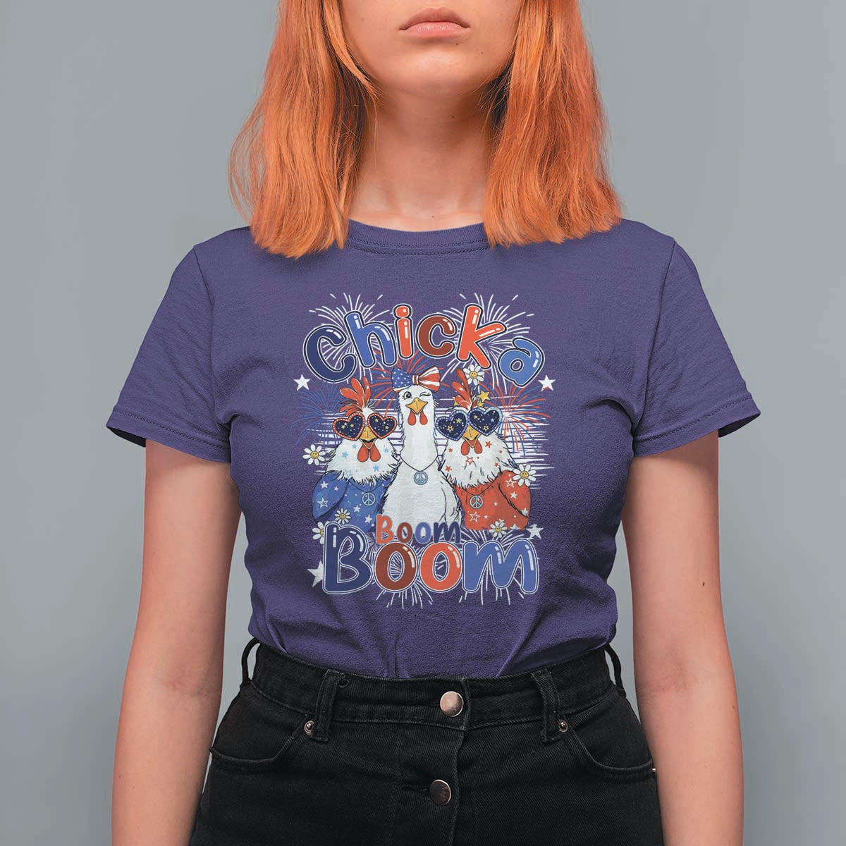 Funny Patriotic Chickens 4th of July Fireworks T Shirt For Women Retro Chicka Boom Boom Hen Rooster Chick Graphic