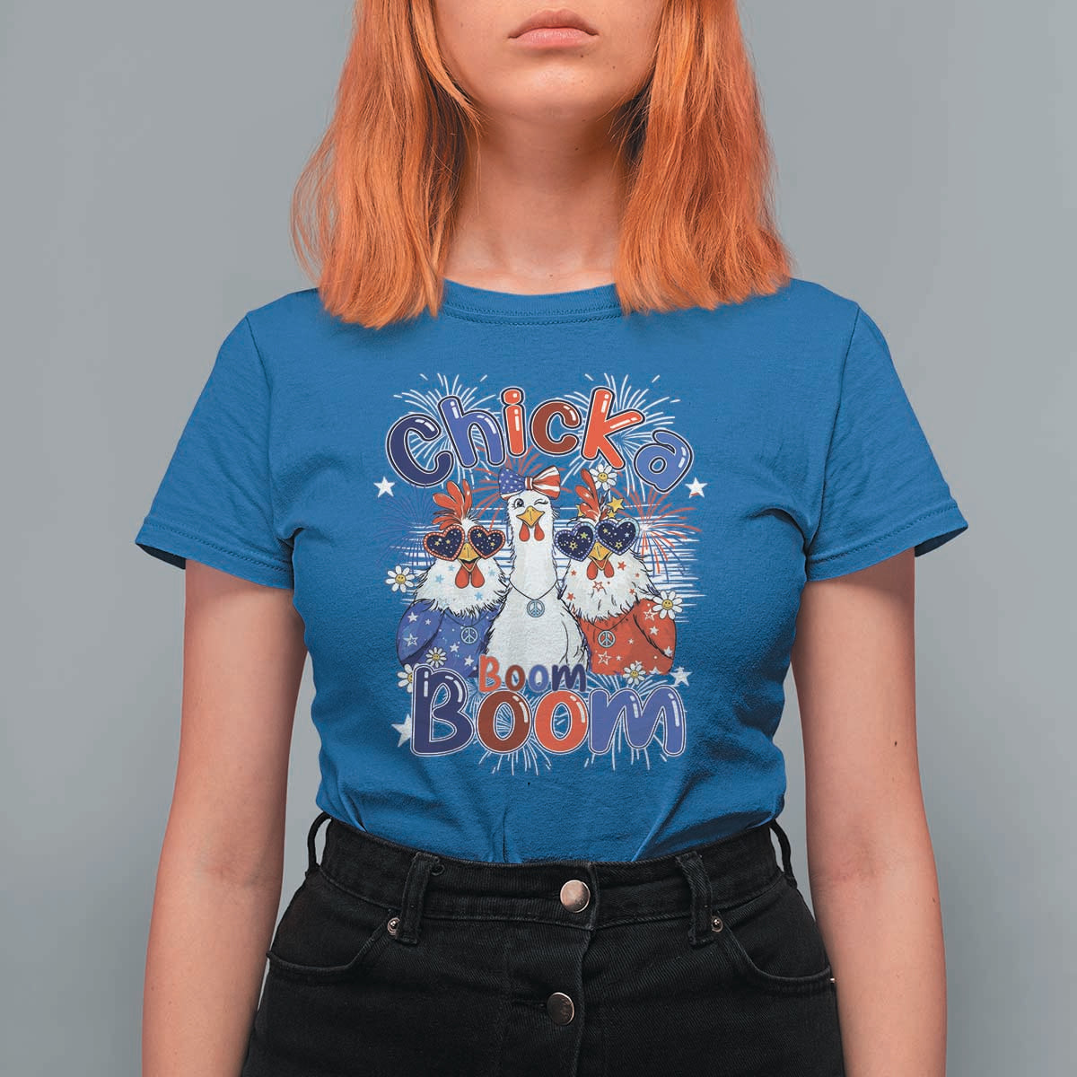 Funny Patriotic Chickens 4th of July Fireworks T Shirt For Women Retro Chicka Boom Boom Hen Rooster Chick Graphic