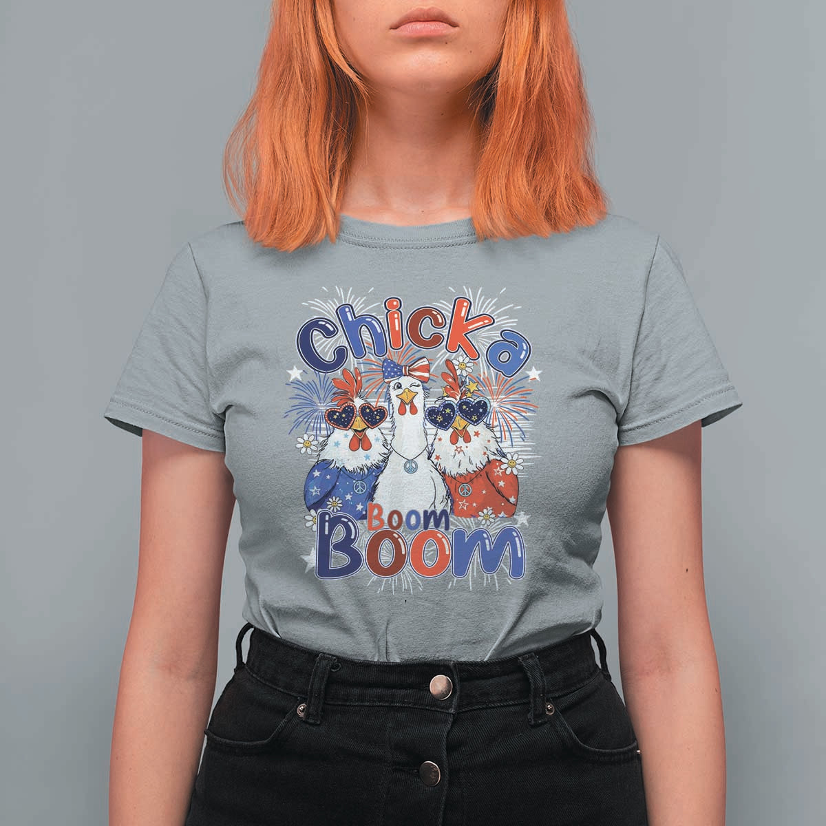 Funny Patriotic Chickens 4th of July Fireworks T Shirt For Women Retro Chicka Boom Boom Hen Rooster Chick Graphic