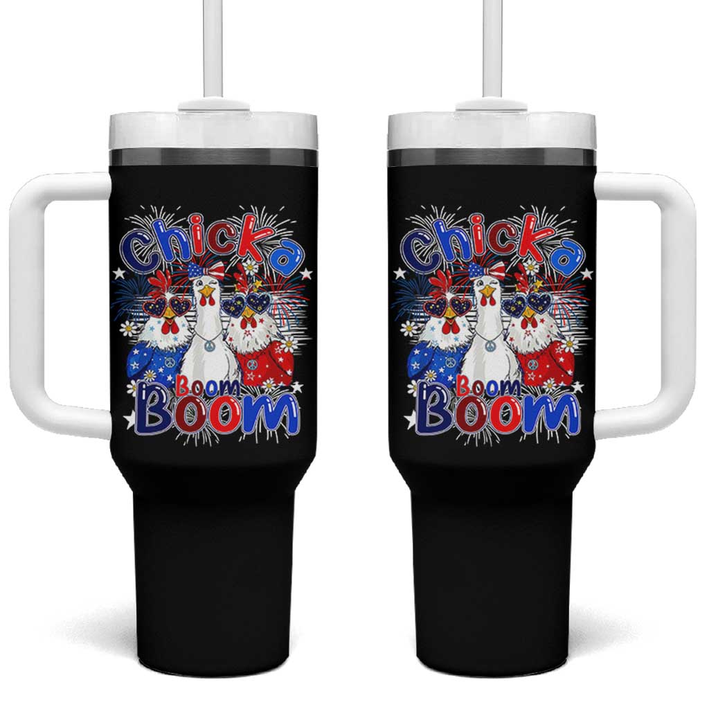 Funny Patriotic Chickens 4th of July Fireworks Tumbler With Handle Retro Chicka Boom Boom Hen Rooster Chick Graphic