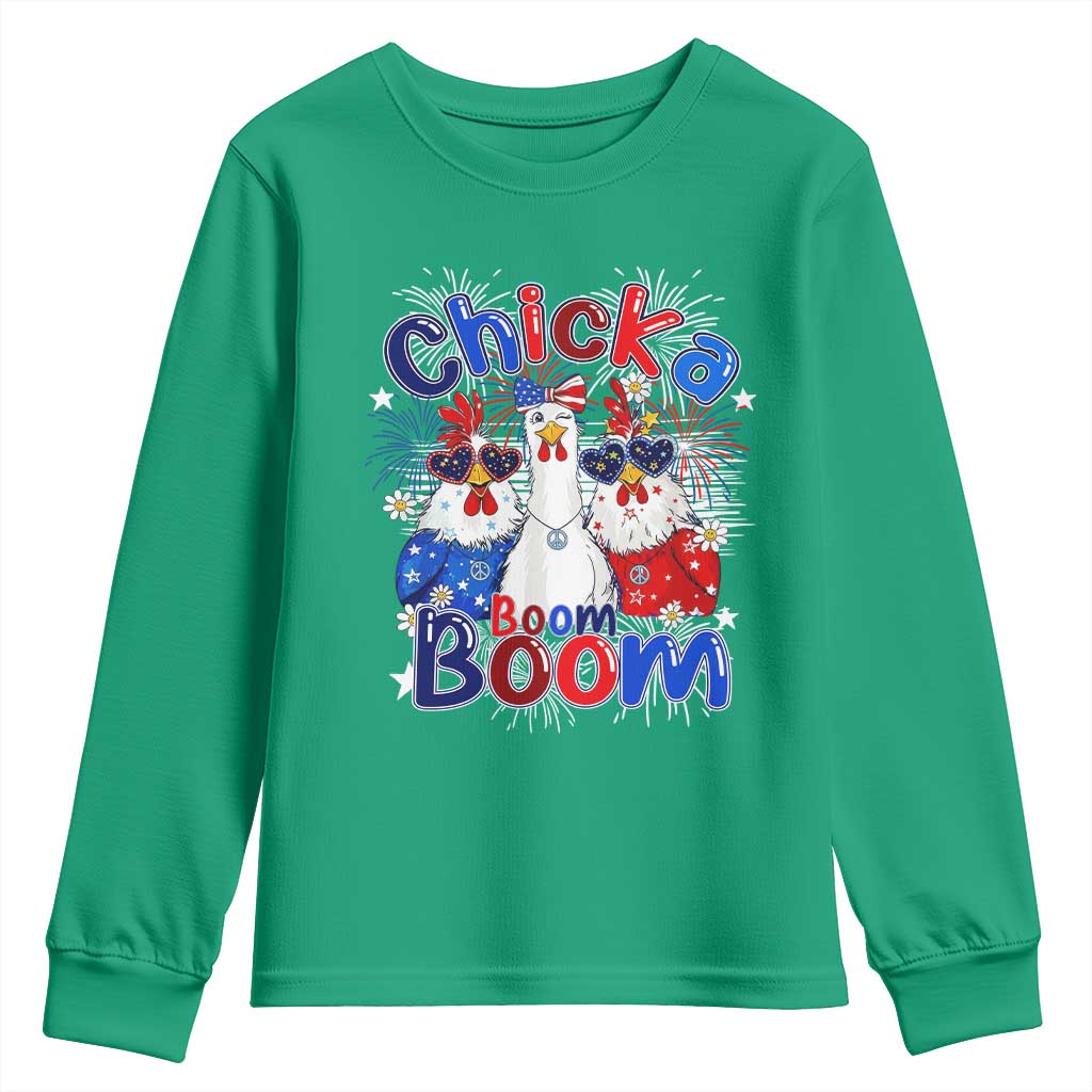 Funny Patriotic Chickens 4th of July Fireworks Youth Sweatshirt Retro Chicka Boom Boom Hen Rooster Chick Graphic