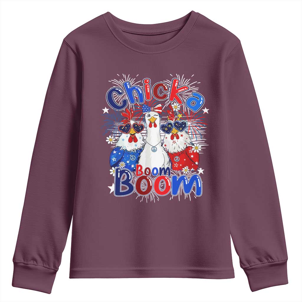 Funny Patriotic Chickens 4th of July Fireworks Youth Sweatshirt Retro Chicka Boom Boom Hen Rooster Chick Graphic