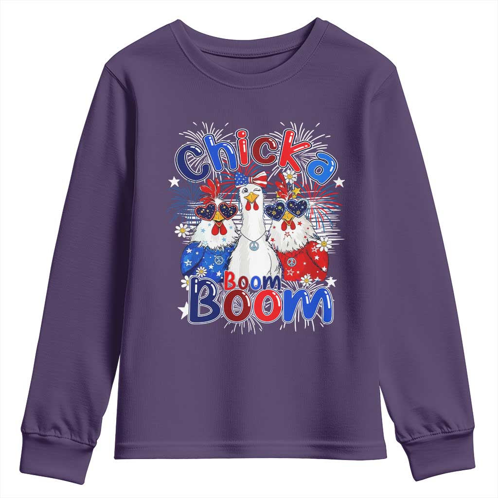 Funny Patriotic Chickens 4th of July Fireworks Youth Sweatshirt Retro Chicka Boom Boom Hen Rooster Chick Graphic