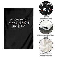 The One Where America Turns 250 Funny Sitcom Parody Garden Flag Red White and Blue Dots Retro TV Show Semiquincentennial