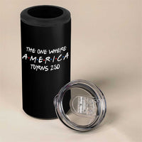 The One Where America Turns 250 Funny Sitcom Parody 4 in 1 Can Cooler Tumbler Red White and Blue Dots Retro TV Show Semiquincentennial