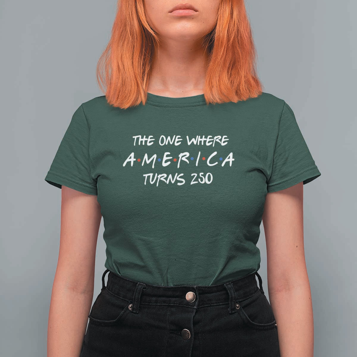 The One Where America Turns 250 Funny Sitcom Parody T Shirt For Women Red White and Blue Dots Retro TV Show Semiquincentennial