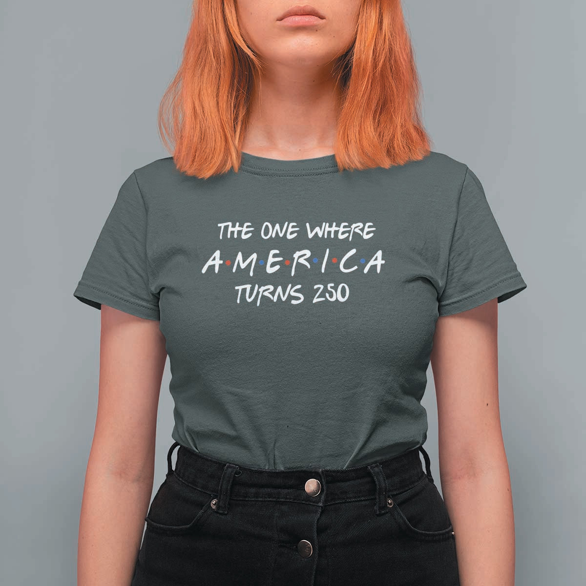 The One Where America Turns 250 Funny Sitcom Parody T Shirt For Women Red White and Blue Dots Retro TV Show Semiquincentennial