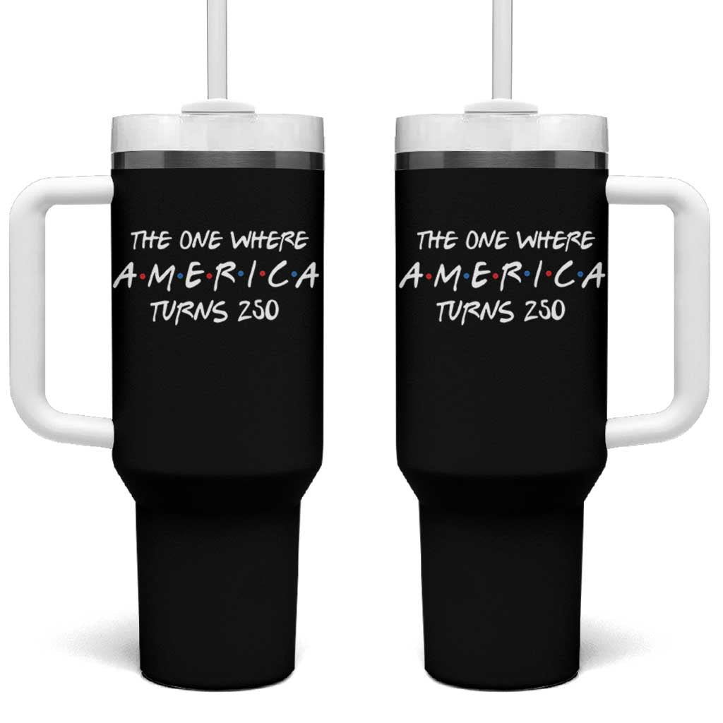 The One Where America Turns 250 Funny Sitcom Parody Tumbler With Handle Red White and Blue Dots Retro TV Show Semiquincentennial