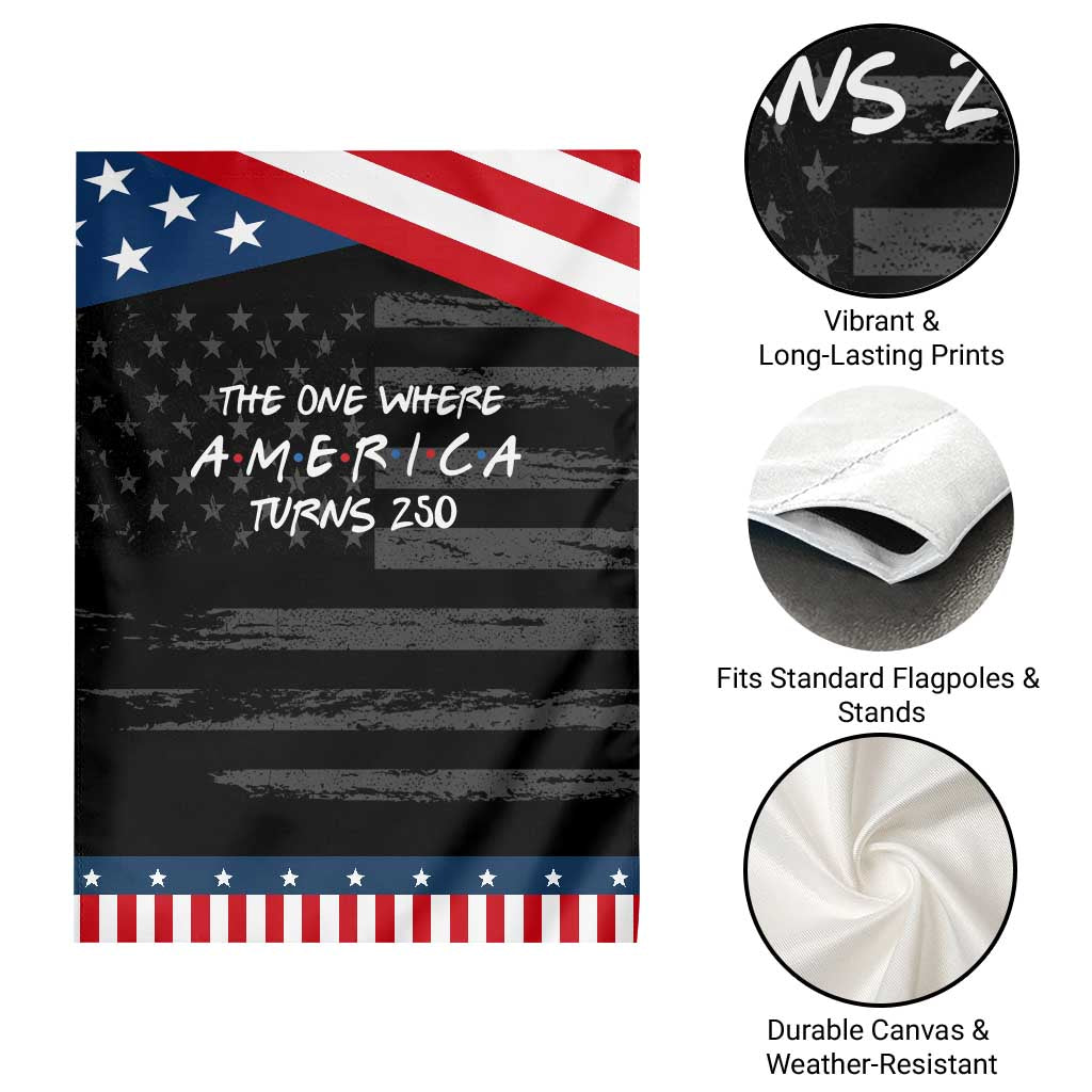 The One Where America Turns 250 Funny Sitcom Parody Patriotic Garden Flag Red White and Blue Dots Retro TV Show Semiquincentennial